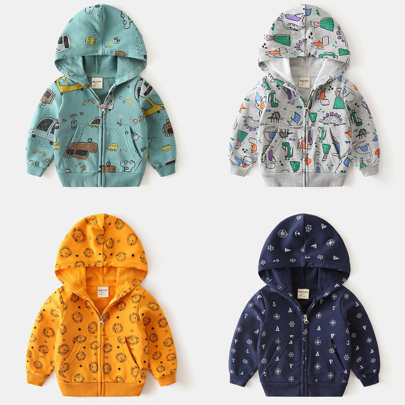 Boys Cartoon Full Print Hooded Zipper Shirt