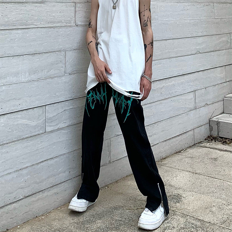 Embroidered Jeans Loose Straight Zipper American Street Hip-hop Washed Casual