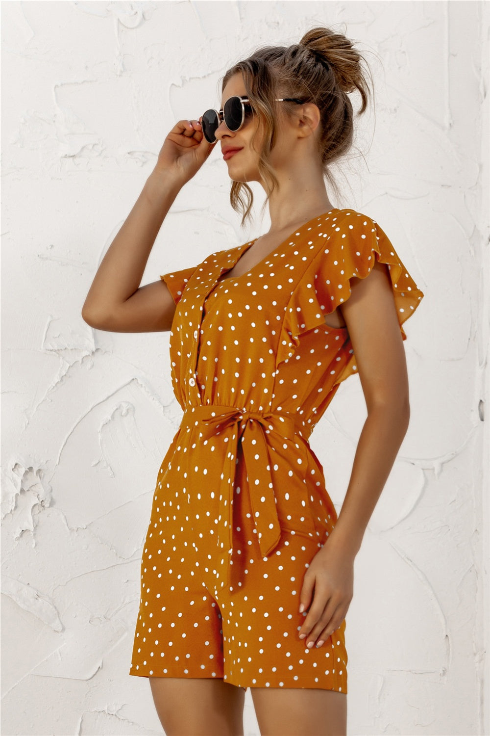 Ruffled Polka Dot Half Button Romper 