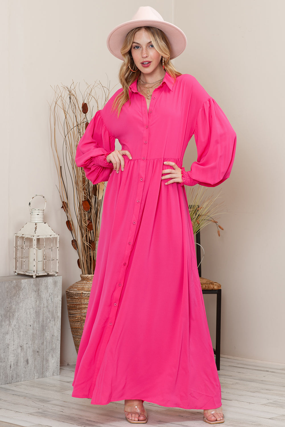 Rose Solid Color Bishop Sleeve Button Up Collared Shirt Dress - Babbazon Maxi Dresses