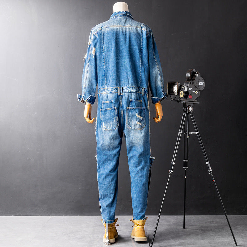 Men's Denim Hip Hop Ripped Wash Cargo Jumpsuit