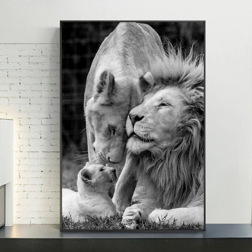 Black And White Lion Family Poster Canvas Print