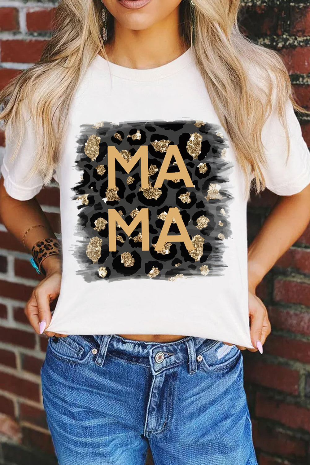 White Casual MAMA Leopard Graphic Color Block Crew Neck Tee - Babbazon Graphic Tees