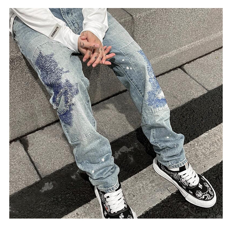 Heavy Industry Electric Embroidery Burnt Flower Washed Cut Casual Straight Men's Jeans