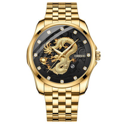 Dragon Totem Embossed Calendar Waterproof Men's Watch Dawn Chinese Style Watch Steel Belt Cross-border Hot