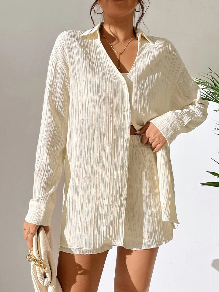 Textured Buttoned Shirt and Shorts Set - Babbazon