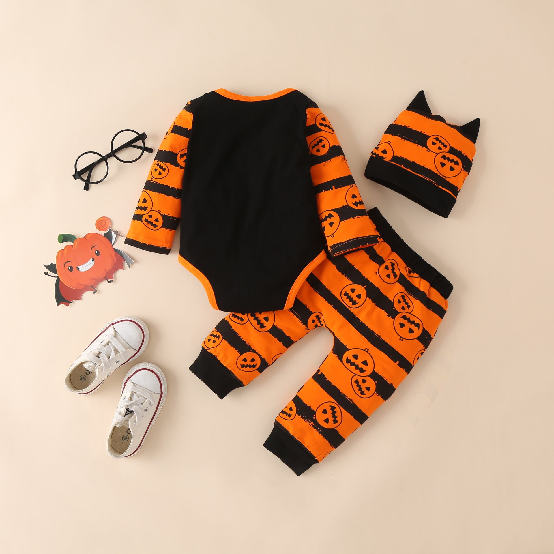 Halloween Pumpkin Print Long Sleeve Romper Set Of Three