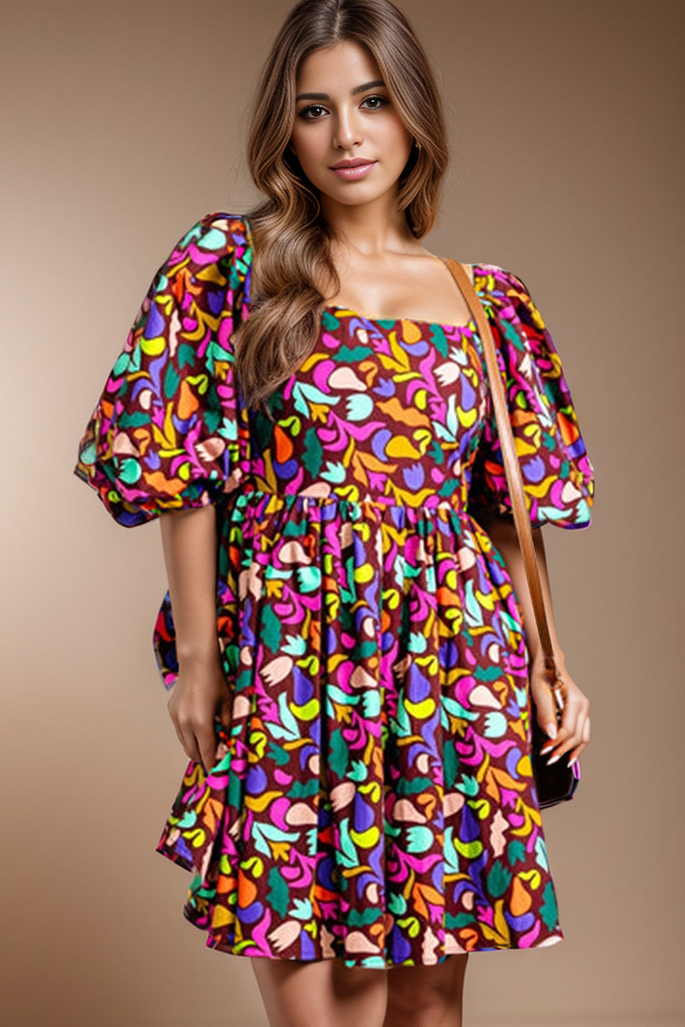 Plus Size Printed Square Neck Half Sleeve Dress - Babbazon New Products