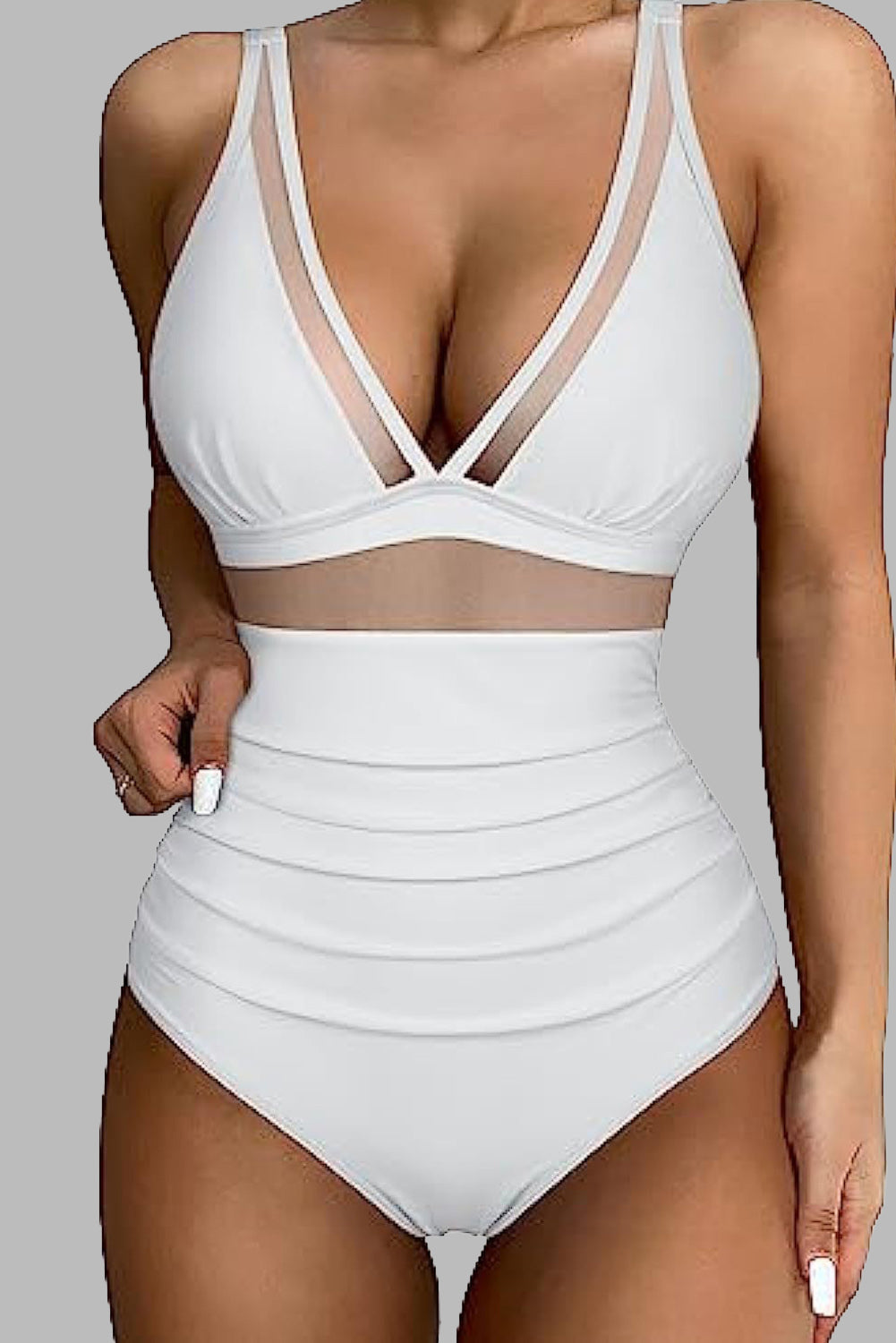 White Solid Mesh Insert V Neck High Waist One Piece Swimsuit - Babbazon One-Piece