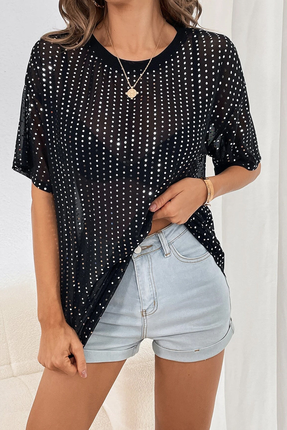 Polka Dot Round Neck Half Sleeve T-Shirt - Babbazon New Products