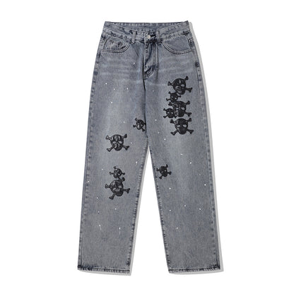 Skull Embroidery Ink Washed Jeans Men's