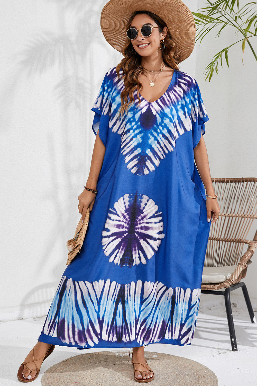 Slit Printed V-Neck Short Sleeve Cover Up - Babbazon New Products