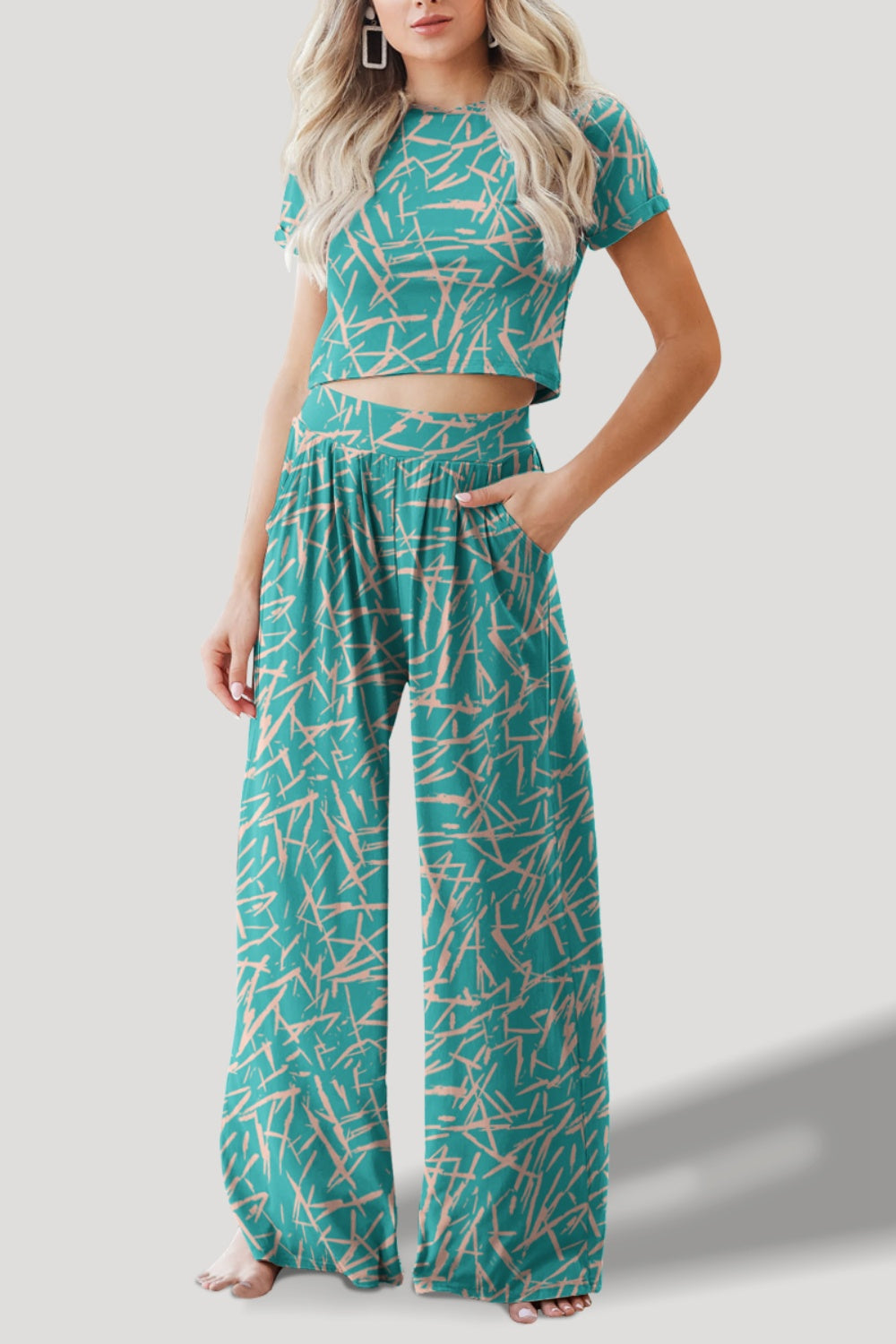 Printed Round Neck Short Sleeve Top and Pants Set - Babbazon New Products