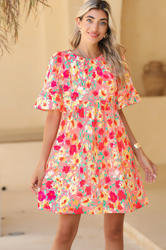 Multicolor Floral Print Flounce Sleeve Pleated Mini Dress - Babbazon Short Dresses