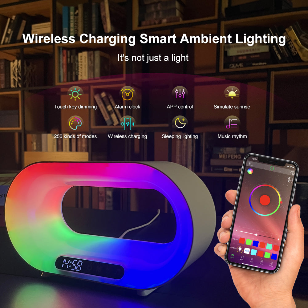 Multi-function 3 In 1 LED Night Light APP Control RGB Atmosphere Desk Lamp Smart Multifunctional Wireless Charger Alarm Clock 