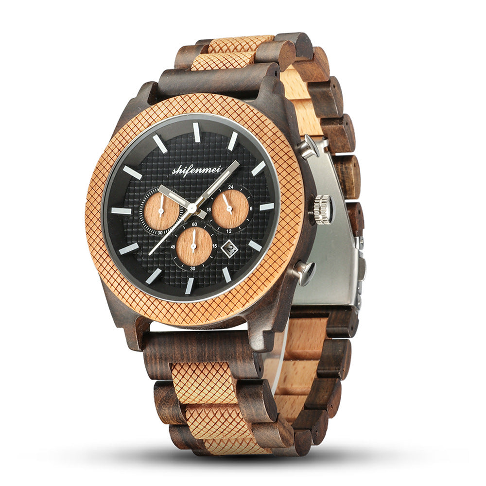 Mens Six Hand Chronograph Calendar Sports Wood Casual Watch