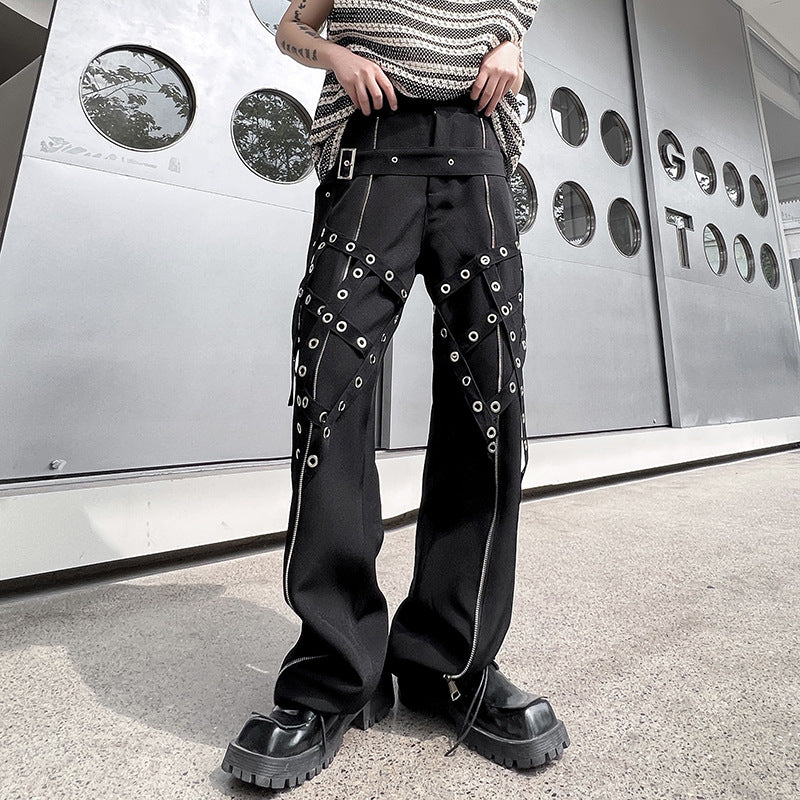 Men's Fashion Casual Irregular Studded Straps Function Work Pants