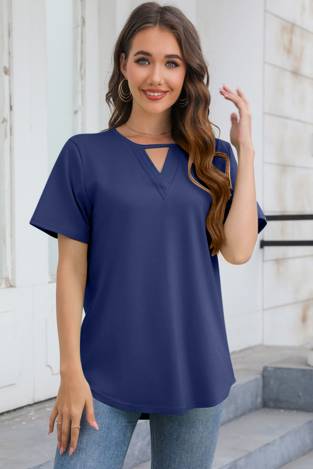 Cutout V-Neck Short Sleeve T-Shirt - Babbazon New Products