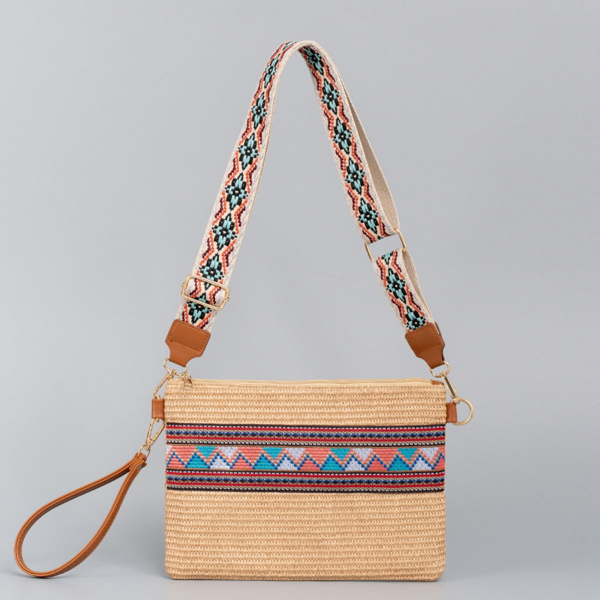 Geometric Straw Weave Crossbody Bag