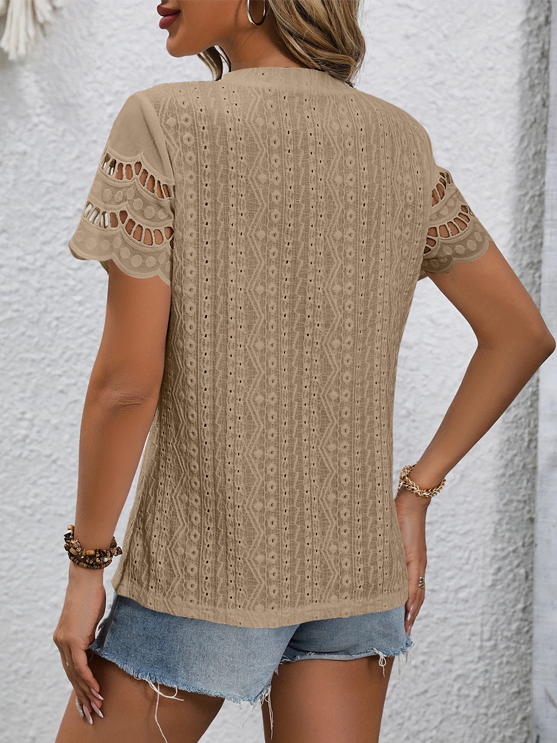 Full Size Eyelet Round Neck Short Sleeve Top