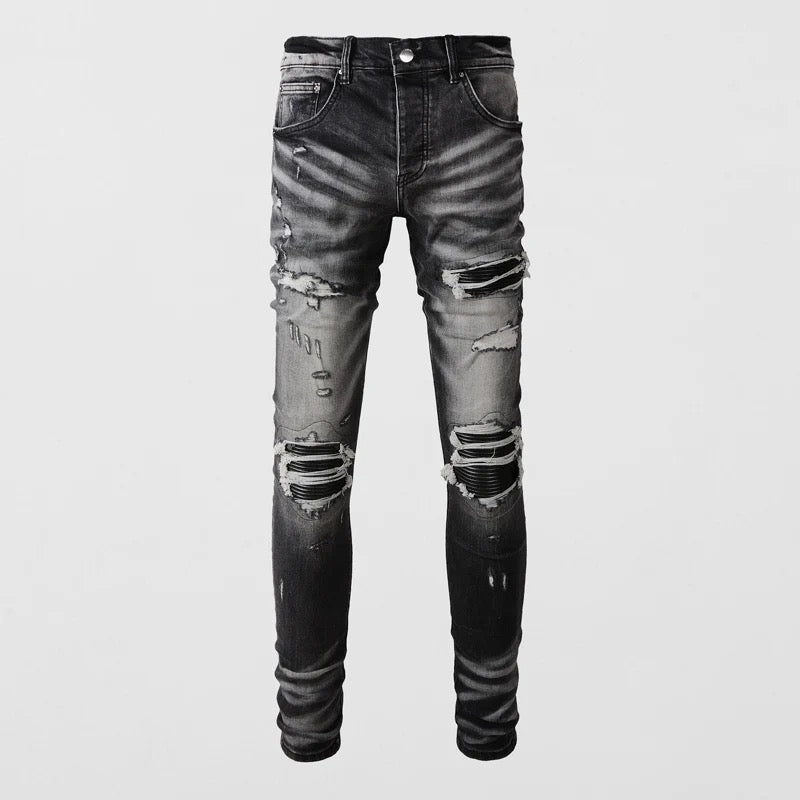 Street Fashion Fashion Brand Retro Black Gray Ripped Slim Fit Leather Men's Jeans