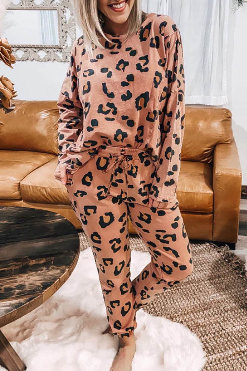 Apricot Pink Leopard Print Long Sleeve Top and Drawstring Pants Set - Babbazon Two Piece Pants Sets