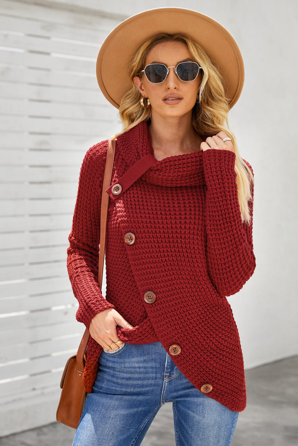 Decorative Button Mock Neck Sweater - Babbazon Tops