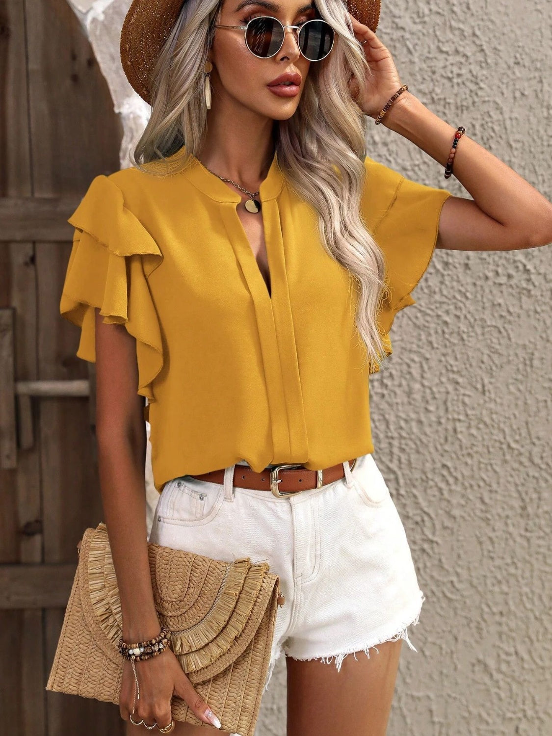 Ruffled Notched Short Sleeve Blouse - Babbazon Camisole