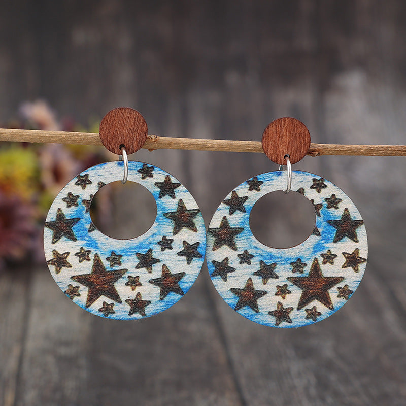 Cutout Star Print Wooden Dangle Earrings 