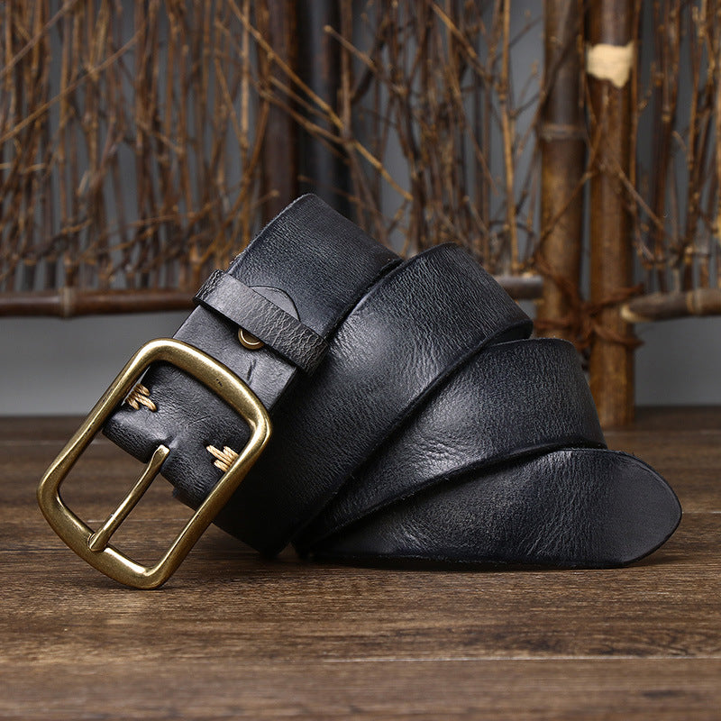 Men's Cowhide Vintage Distressed Pleated Brass Buckle Belt 