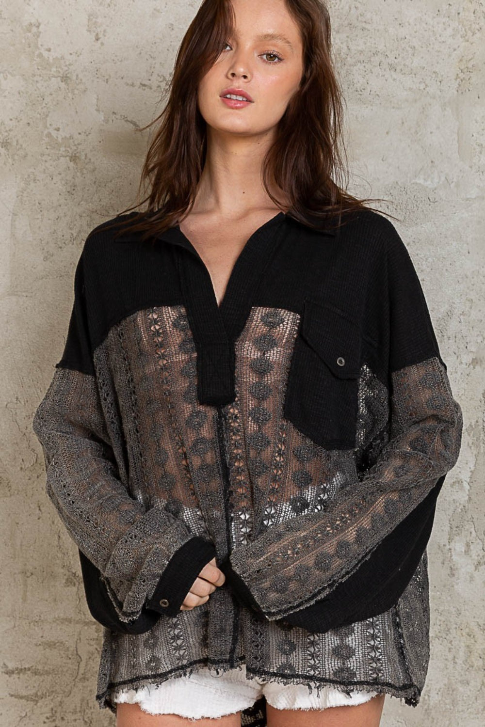 POL Johnny Collar Long Sleeve Lace Blouse - Babbazon New Products