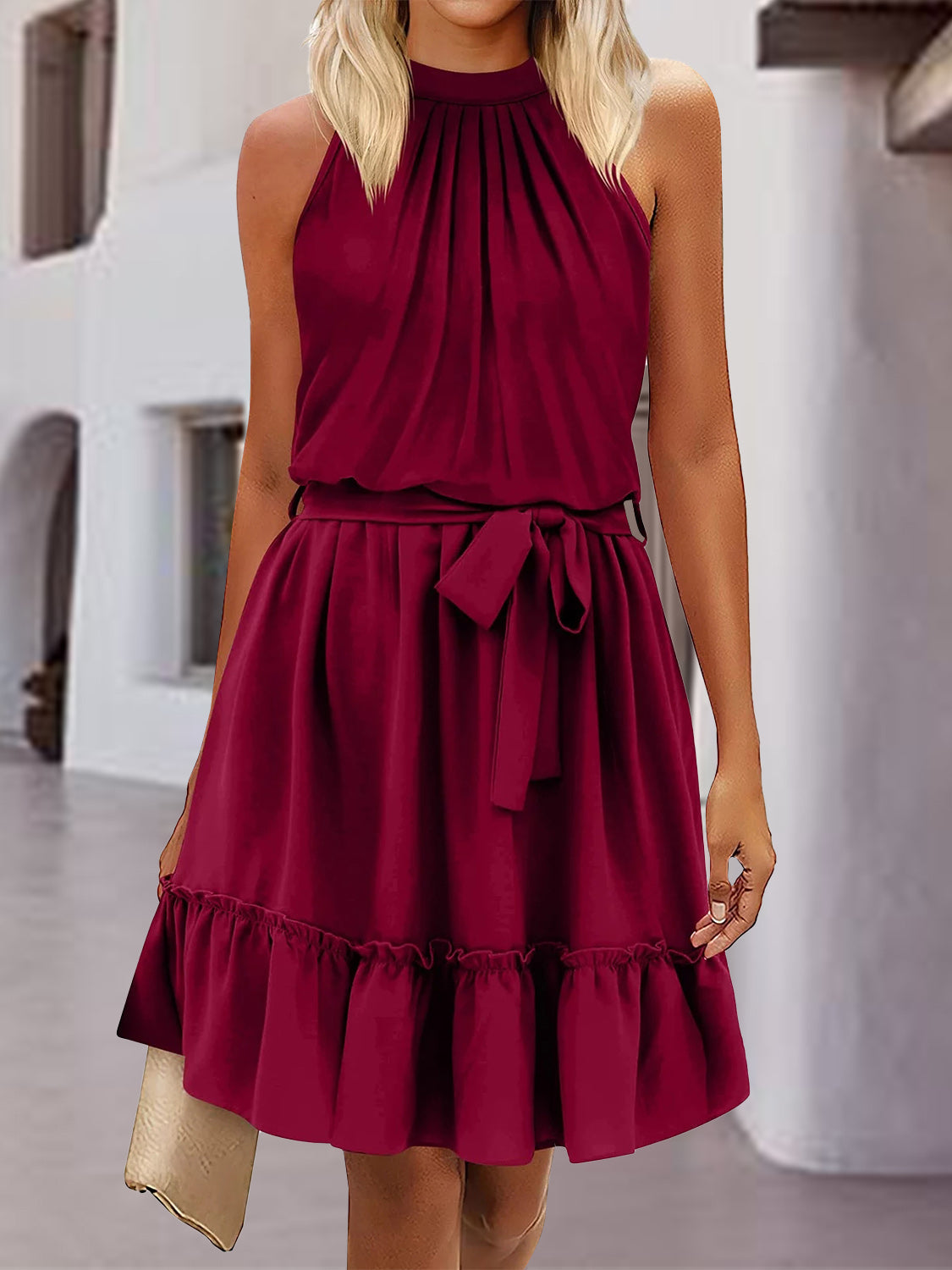 Frill Tied Mock Neck Sleeveless Dress - Babbazon