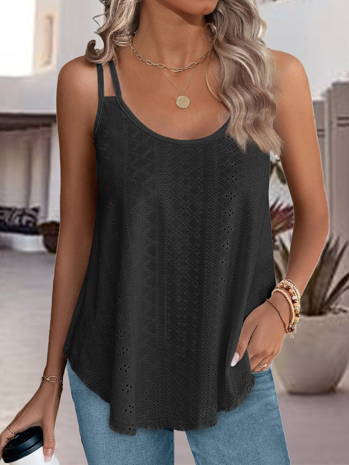 Eyelet Scoop Neck Spaghetti Strap Cami - Babbazon Camisole