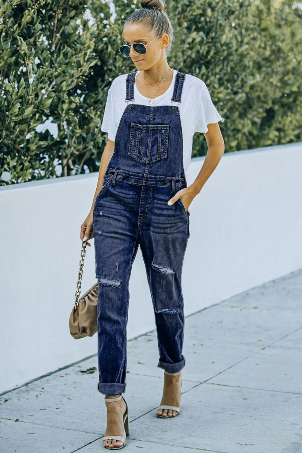 Pocketed Distressed Denim Overalls 