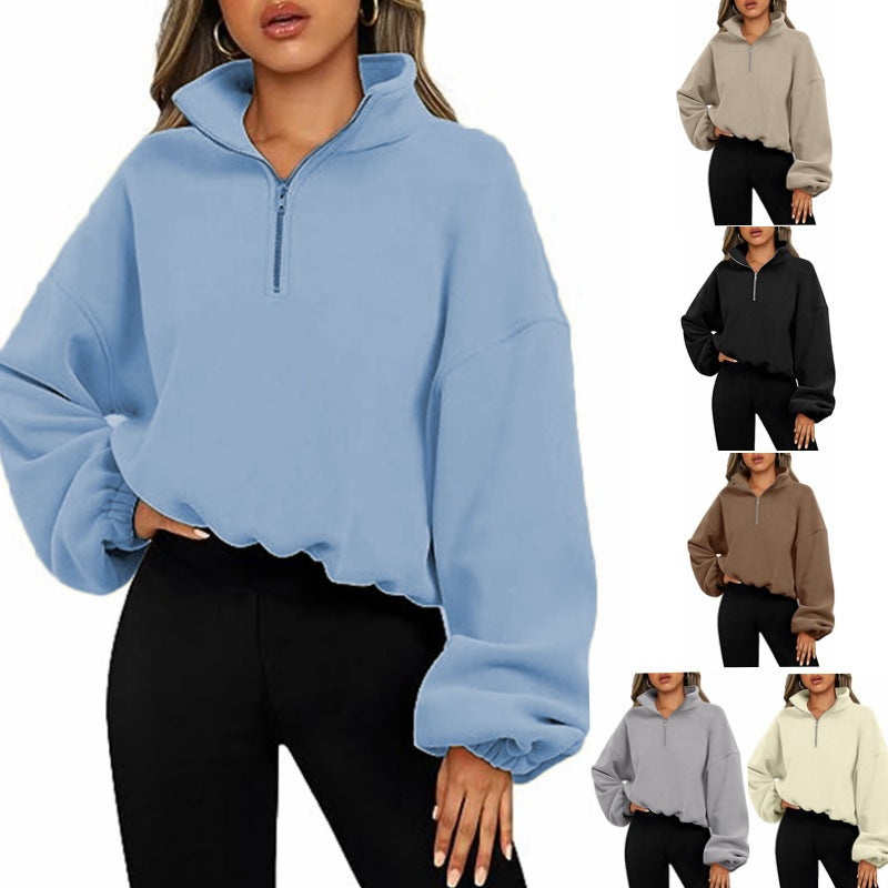 Loose Sport Pullover Hoodie Women Winter Solid Color Zipper Stand Collar Sweatshirt Thick Warm Clothing 