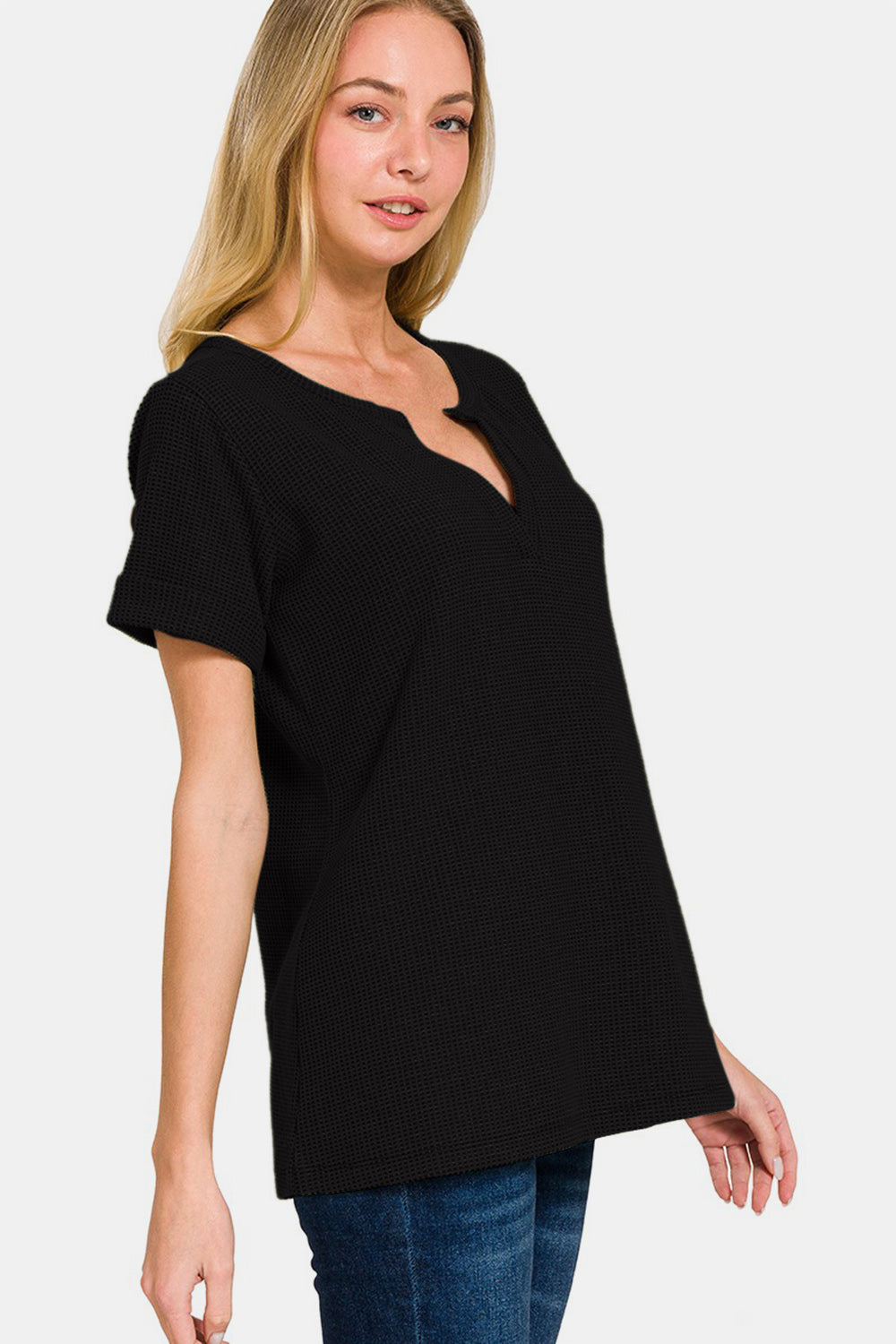 Zenana Notched Short Sleeve Waffle T-Shirt 