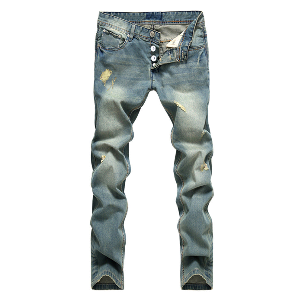 Straight Light-Colored Nostalgic Button Hole Men's Denim Trousers