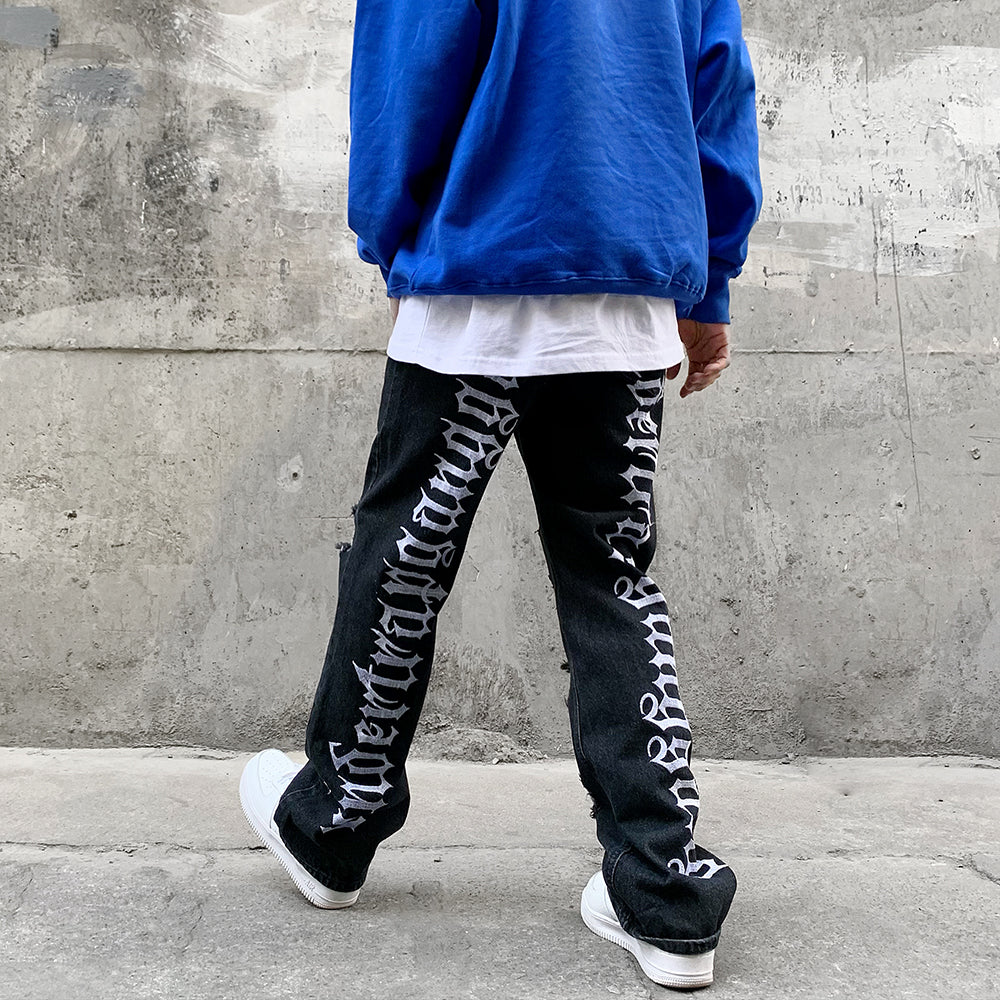 Hip Hop Vibe Back Gothic Alphabet Embroidery Ripped Micro Flared Denim Pants