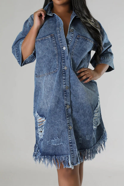 Distressed Raw Hem Button Up Denim Dress 