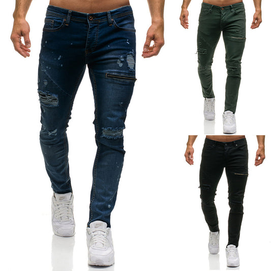 Zipper Autumn And Winter Men's Casual Ripped Jeans