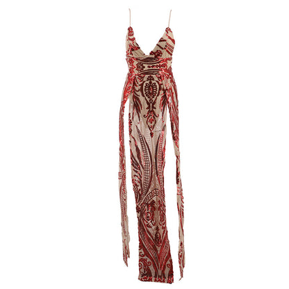 Sexy Suspender Sequin  Back Split Dress