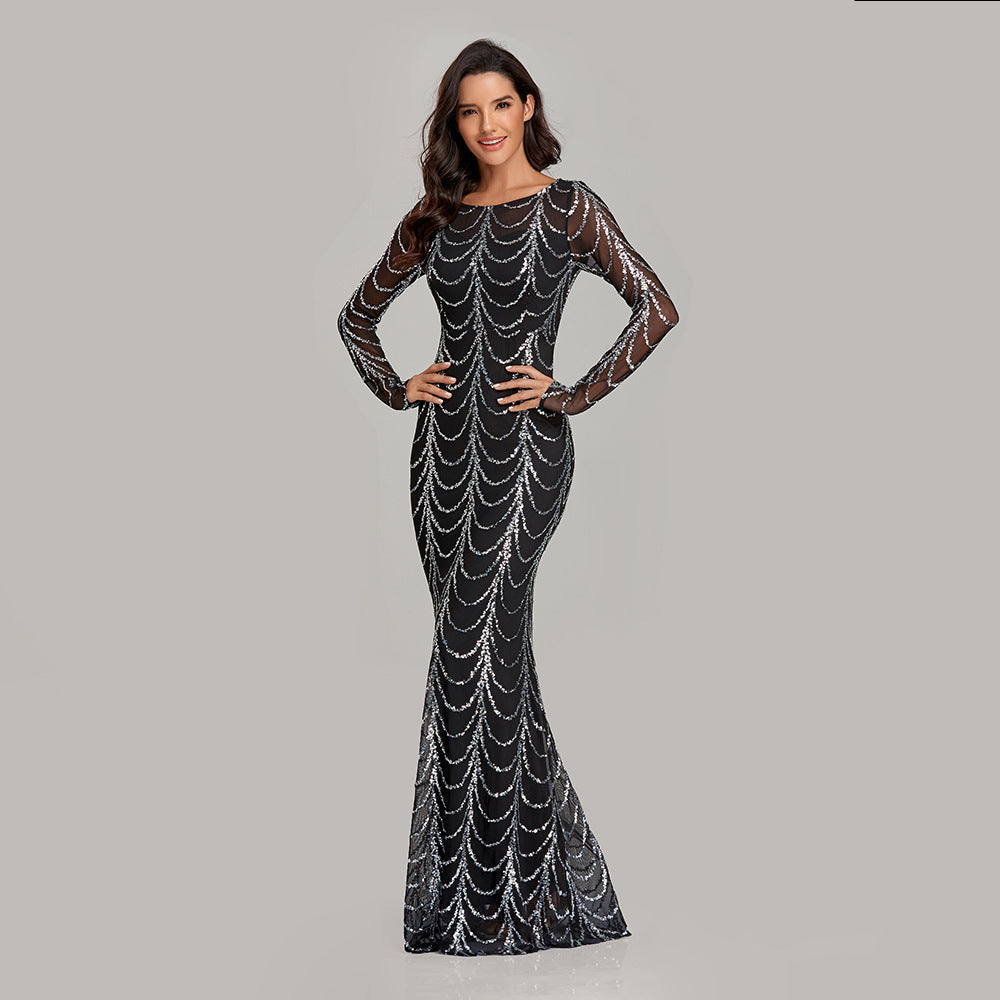 Slim Fit Banquet Fishtail Dress Elegant Party Sequin Long Sleeves