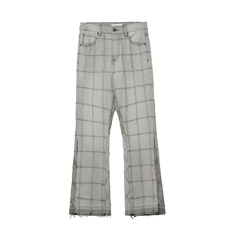 Patchwork Checked Raw Edge Jeans Men's Loose Straight Leg Pants