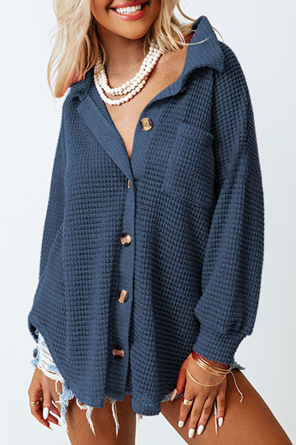 Waffle-Knit Button Up Long Sleeve Shirt with Pocket - Babbazon Tops