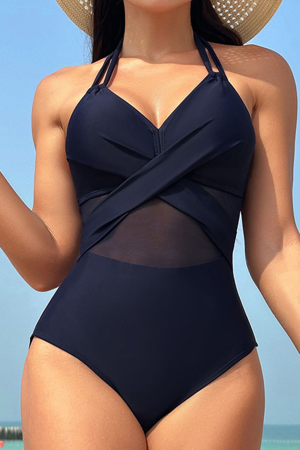 Crisscross Halter Neck One-Piece Swimwear - Babbazon new