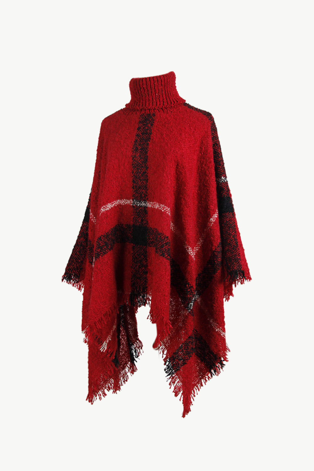 Plaid Turtleneck Raw Hem Poncho 