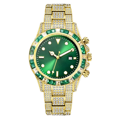 High-grade Diamond-encrusted Di Tone Full Diamond-green Disk Sun Pattern Luminous Quartz Watch