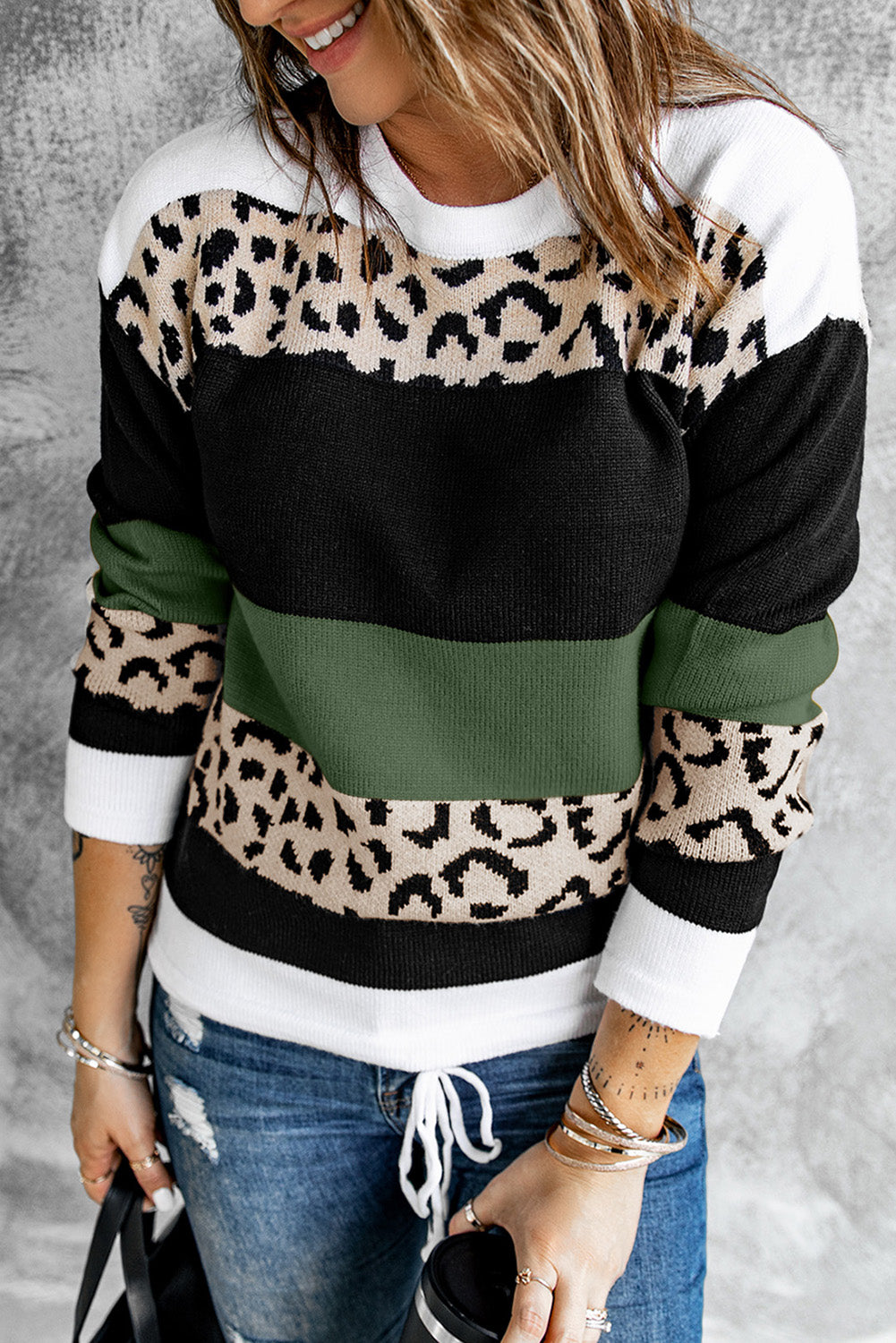 Wholesale Green Leopard Color Block Casual Knit Pullover Sweater - Babbazon Sweaters