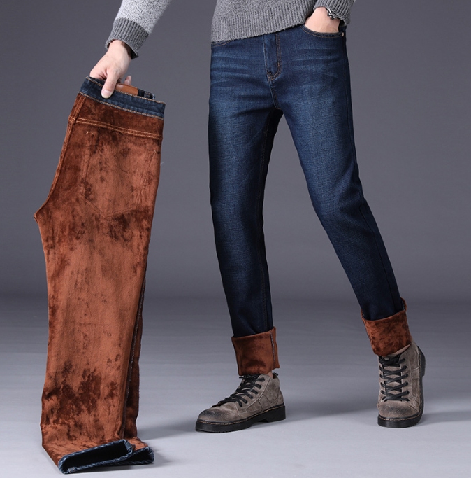 Oversized Slim Straight Mid-waist Warm Men's Trousers Winter Fleece Pants