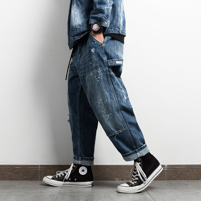 Men's Jeans Japanese Retro Splash Ink Casual Overalls